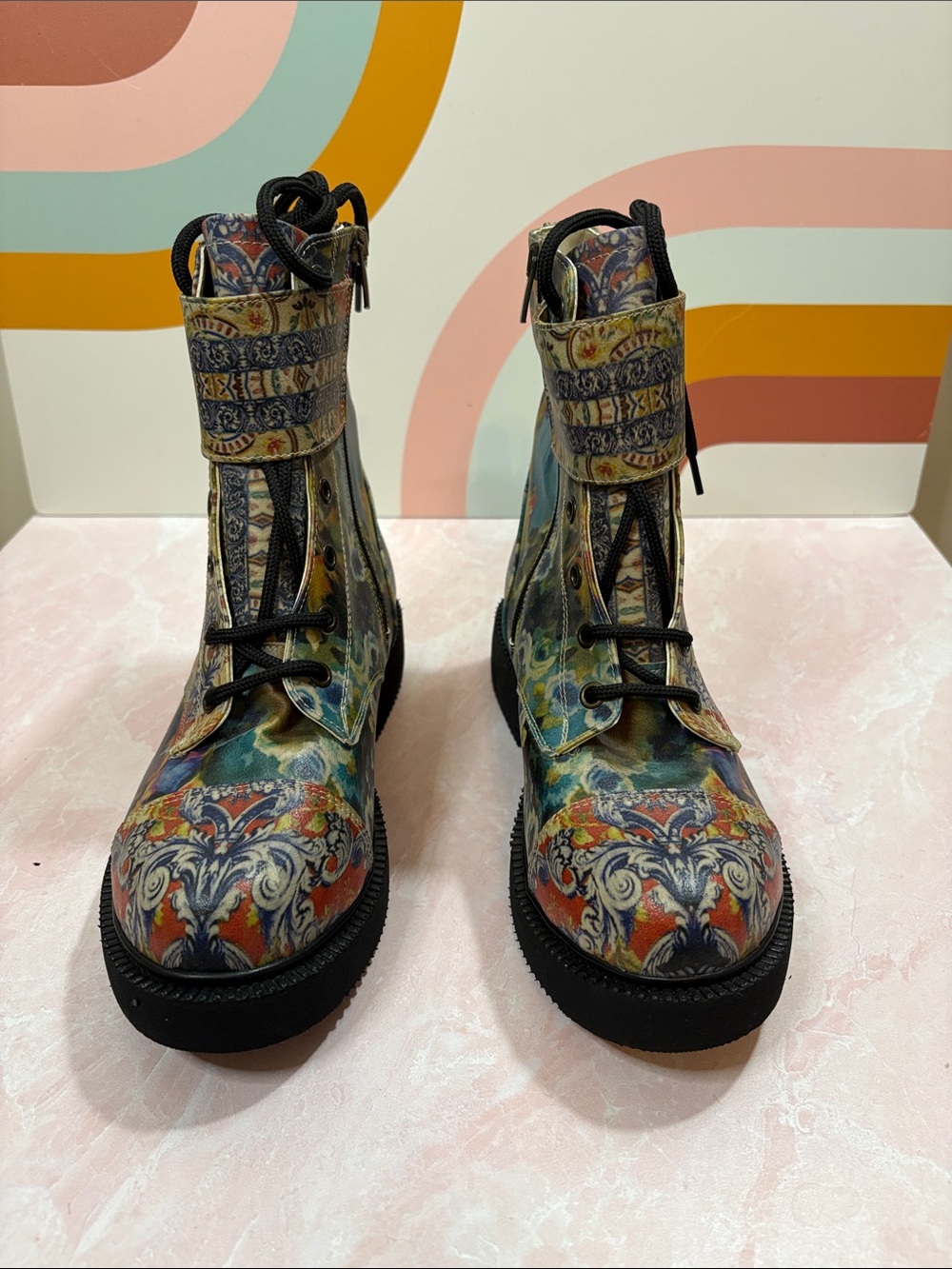 Goby Patterned Lace-Up Women's Ankle Boots in Multicolor size 37/ US 7